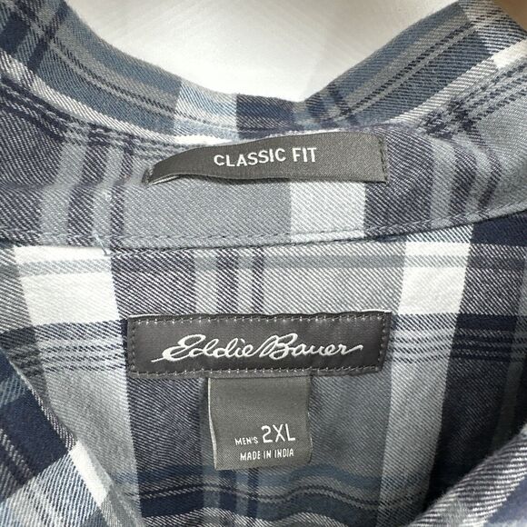 Eddie Bauer Flannel Shirt Mens 2XL XXL Gray Blue Plaid 100% Cotton Long Sleeve - Picture 2 of 11